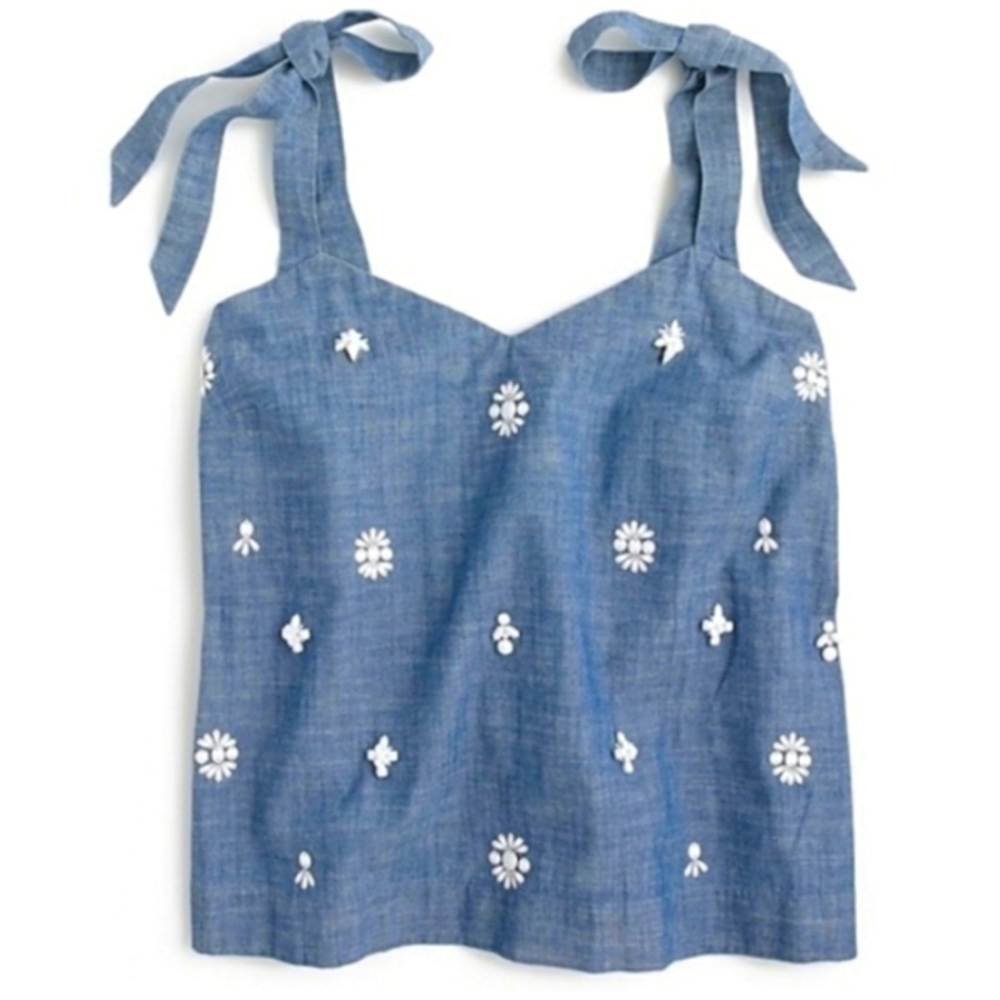 J. Crew Chambray Embellished Tie Shoulder Top, XS - Picture 1 of 13